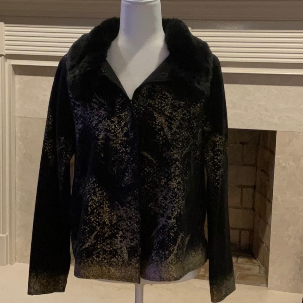 Black and Gold Faux Detachable Black Fur Collar Cardigan Sweater Jacket Size 10.